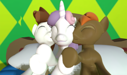 Size: 640x382 | Tagged: safe, button mash, pipsqueak, sweetie belle, g4, 3d, cheek kiss, female, gmod, happy, kiss sandwich, kisses, kissing, lucky belle, male, ot3, ship:sweetiemash, ship:sweetiesqueak, shipping, straight, sweetie belle gets all the colts