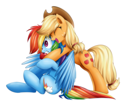Size: 1500x1208 | Tagged: dead source, safe, artist:xioade, applejack, rainbow dash, earth pony, pegasus, pony, g4, 2014, apple, cute, dashabetes, duo, duo female, eyes closed, female, freckles, gritted teeth, hape, hat, hug, jackabetes, mare, open mouth, personal space invasion, simple background, smiling, transparent background, wide eyes