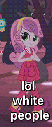 Size: 125x303 | Tagged: safe, edit, edited screencap, screencap, rose heart, sweetie belle, tennis match, equestria girls, g4, my little pony equestria girls, animated, background human, boots, caption, cute, dancing, diasweetes, fall formal outfits, female, hairband, high heel boots, hiiragi tsukasa, implied racism, lucky star, racism, that's racist, this is our big night, white people