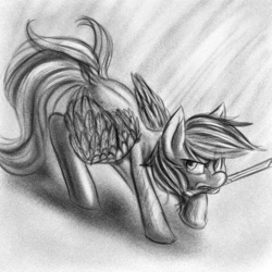 Size: 2800x2800 | Tagged: safe, artist:fauxsquared, rainbow dash, g4, female, knife, monochrome, mouth hold, solo