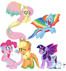 Size: 8626x9218 | Tagged: safe, artist:missitofu, applejack, fluttershy, pinkie pie, rainbow dash, rarity, twilight sparkle, dracony, dragon, hybrid, sea dragon, g4, absurd resolution, colored wings, dragonified, dragonjack, flutterdragon, mane six, multicolored wings, pinkiedragon, rainbow dragon, rainbow wings, raridragon, simple background, species swap, transparent background, twilidragon, twilight sparkle (alicorn)