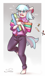 Size: 707x1200 | Tagged: safe, artist:siden, coco pommel, earth pony, anthro, unguligrade anthro, g4, coffee, fabric, female, rainbow thread, scissors, solo