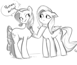 Size: 950x800 | Tagged: safe, artist:glacierclear, fluttershy, rarity, pegasus, pony, unicorn, g4, dialogue, duo, female, grayscale, mare, monochrome, smiling, speech bubble