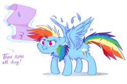 Size: 1903x1259 | Tagged: safe, artist:graystripe64, rainbow dash, rarity, pegasus, pony, g4, angry, cute, cutie mark, dashabetes, feather, female, floppy ears, fluffy, glare, hair, implied rarity, levitation, magic, messy mane, scrunchy face, shedding, simple background, solo, spread wings, telekinesis, towel, transparent background, wings