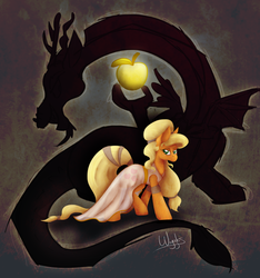 Size: 1024x1092 | Tagged: safe, artist:wiggles, applejack, discord, ask king sombra, g4, apple, apple of discord, clothes, dress, greek mythology