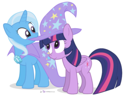 Size: 720x550 | Tagged: safe, artist:dm29, trixie, twilight sparkle, alicorn, pony, g4, accessory swap, cute, duo, female, hat, lesbian, mare, ship:twixie, shipping, simple background, transparent background, trixie's hat, twilight sparkle (alicorn)