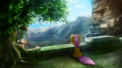 Size: 2560x1440 | Tagged: safe, artist:fuzzyfox11, scootaloo, g4, female, looking away, mountain, scenery, scootalone, sitting, solo, valley