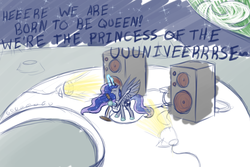 Size: 1600x1067 | Tagged: safe, artist:feather, princess luna, g4, highlander, moon, moon rock, princes of the universe, pun, queen (band), rock