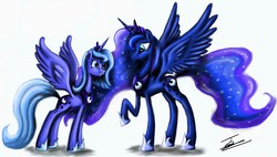 Size: 3683x2091 | Tagged: safe, artist:europamaxima, princess luna, g4, duality, s1 luna, self ponidox, spread wings, the fun has been doubled, time paradox