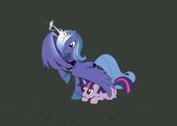 Size: 1512x1080 | Tagged: safe, artist:true-amateur, princess luna, twilight sparkle, alicorn, pony, unicorn, g4, crown, female, glowing horn, hoof shoes, horn, jewelry, mare, prone, protecting, raised hoof, regalia, s1 luna, spread wings, unicorn twilight, wings