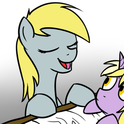 Size: 500x500 | Tagged: safe, artist:shinmera, derpy hooves, dinky hooves, pegasus, pony, g4, bedtime story, female, mare