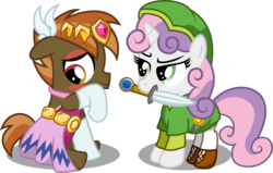 Size: 8000x5085 | Tagged: dead source, safe, artist:medio-cre, button mash, sweetie belle, g4, absurd resolution, cosplay, crossdressing, duo, female, link, male, mouth hold, princess zelda, ship:sweetiemash, shipping, straight, sword, the legend of zelda, toon link, toon zelda