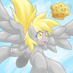 Size: 1000x1000 | Tagged: safe, artist:ragurimo, derpy hooves, pegasus, pony, g4, colored, female, flying, mare, muffin, pixiv, solo