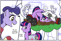 Size: 800x532 | Tagged: safe, artist:muffinshire, twilight sparkle, oc, oc:willow wisp, comic:twilight's first day, g4, cleats, comic, cute, filly, football, muffinshire is trying to murder us, wip