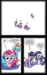 Size: 540x857 | Tagged: safe, artist:amy mebberson, idw, official comic, pinkie pie, rainbow dash, rarity, twilight sparkle, alicorn, earth pony, pegasus, pony, unicorn, g4, spoiler:comic, spoiler:comic15, comforting twilight, comic, crying, female, fourth wall, mare, seashell, simple background, speech bubble, twilight sparkle (alicorn), void, white background