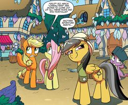 Size: 1046x858 | Tagged: safe, idw, official comic, applejack, daring do, doctor whooves, fluttershy, spike, time turner, dragon, earth pony, pegasus, pony, unicorn, g4, spoiler:comic, spoiler:comic15, clothes, cocoon, dexterous hooves, female, hat, male, mare, pith helmet, pod, ponyville, schmarfelpod, speech bubble