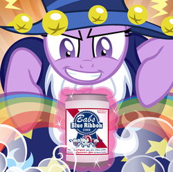 Size: 900x898 | Tagged: safe, artist:pixelkitties, star swirl the bearded, twilight sparkle, pony, g4, abstract background, bust, can, clothes, cosplay, costume, front view, hat, magic, magic aura, portrait, rainbow, stars, telekinesis