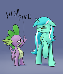 Size: 1181x1377 | Tagged: safe, artist:underpable, lyra heartstrings, spike, dragon, pony, unicorn, g4, annoyed, dialogue, duo, duo male and female, female, floppy ears, funny, high five, idiot, looking at each other, lyra is not amused, male, mare, not cool, smug, teasing, unamused, wingless spike