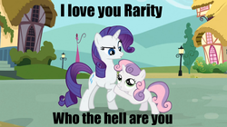 Size: 1054x592 | Tagged: safe, rarity, sweetie belle, g4, caption, hug