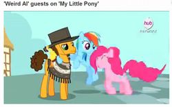 Size: 914x569 | Tagged: safe, edit, edited screencap, screencap, cheese sandwich, pinkie pie, rainbow dash, earth pony, pegasus, pony, g4, pinkie pride, caption, female, male, mare, rubber chicken, stallion, text, the man with no name, weird al yankovic