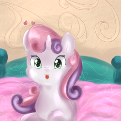 Size: 1024x1024 | Tagged: safe, artist:chiweee, sweetie belle, g4, bed, female, solo, tongue out