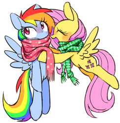 Size: 500x512 | Tagged: safe, artist:30clock, fluttershy, rainbow dash, pegasus, pony, blushing, clothes, embarrassed, eyes closed, female, flutterdash, flying, lesbian, mare, open mouth, scarf, shipping, simple background, spread wings, unamused, white background, wings
