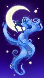Size: 2813x5000 | Tagged: safe, artist:shaadorian, princess luna, g4, female, long mane, moon, prone, solo, stars, tangible heavenly object