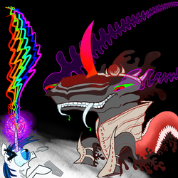 Size: 1920x1920 | Tagged: safe, artist:ja0822ck, king sombra, shining armor, pony, snake, unicorn, g4, the crystal empire, duo, fangs, magic, male, open mouth, poison, snorting, stallion, surreal, wat, wide eyes