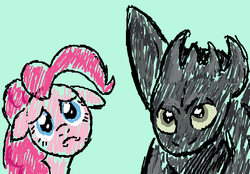 Size: 538x374 | Tagged: safe, artist:ridleywolf, pinkie pie, dragon, earth pony, pony, g4, cute, diapinkes, dreamworks, green background, how to train your dragon, puppy dog eyes, sad, simple background, toothless the dragon