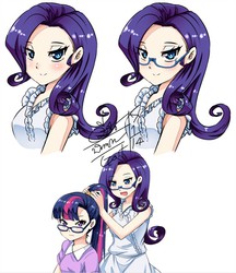 Size: 785x910 | Tagged: safe, artist:go-it, rarity, twilight sparkle, human, g4, alternate hairstyle, clothes, female, glasses, humanized, looking at you, makeover, open mouth, pixiv, ponytail, shirt, signed, simple background, smiling, twilight's professional glasses, white background