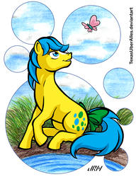 Size: 553x720 | Tagged: safe, artist:texasuberalles, bubbles (g1), butterfly, earth pony, pony, g1, bow, coat markings, facial markings, female, looking back, mare, sitting, smiling, solo, star (coat marking), tail bow