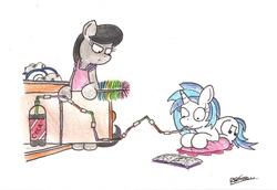 Size: 2045x1409 | Tagged: safe, artist:bobthedalek, dj pon-3, octavia melody, vinyl scratch, earth pony, pony, unicorn, g4, apron, clothes, cupboard, dishes, duo, lazy, octavia is not amused, straw, traditional art, unamused