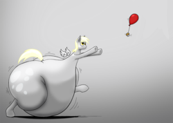 Size: 1802x1284 | Tagged: safe, artist:0particle, derpy hooves, pegasus, pony, g4, aderpose, balloon, bottom heavy, butt, fat, female, impossibly large butt, mare, morbidly obese, muffin, obese, plot, solo