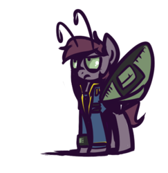 Size: 427x440 | Tagged: safe, artist:inlucidreverie, oc, oc only, oc:littlepip, mothpony, original species, fallout equestria, clothes, fanfic, fanfic art, female, hooves, jumpsuit, moth pony general, pipbuck, simple background, solo, species swap, transparent background, vault suit