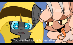 Size: 1000x625 | Tagged: safe, artist:meekcheep, oc, oc only, oc:caramel, oc:hexferry, mothpony, original species, dieto, moth pony general, panty and stocking with garterbelt, style emulation