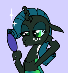 Size: 362x393 | Tagged: safe, artist:syggie, queen chrysalis, changeling, changeling queen, nymph, ask the changeling princess, g4, cute, cutealis, duckface, female, filly, filly queen chrysalis, foal, freckles, hairstyle, implied rarity, mirror, princess chrysalis, solo, younger