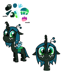 Size: 600x700 | Tagged: safe, artist:syggie, queen chrysalis, changeling, changeling queen, nymph, ask the changeling princess, g4, crown, cute, cutealis, eyelid, fangs, female, filly, filly queen chrysalis, foal, freckles, jewelry, looking at you, mouth, reference sheet, regalia, simple background, small wings, smiling, smiling at you, solo, text, white background, wings, younger