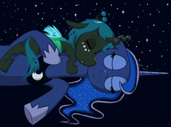Size: 679x502 | Tagged: safe, artist:syggie, princess luna, queen chrysalis, alicorn, changeling, changeling queen, nymph, pony, ask the changeling princess, g4, clothes, crown, cute, cutealis, duo, duo female, eyes closed, female, filly, filly queen chrysalis, foal, freckles, jewelry, mare, necklace, regalia, shoes, sky, sleeping, sleeping together, small wings, smiling, snuggling, stars, wings, younger