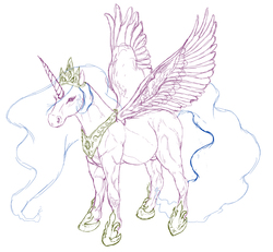 Size: 700x647 | Tagged: safe, princess celestia, horse, g4, female, hoers, limited palette, muscles, simple background, sketch, solo, spread wings, vein, white background