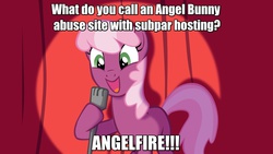 Size: 1280x720 | Tagged: safe, angel bunny, cheerilee, earth pony, pony, g4, 2000's, angelbuse, angelfire, cheerilee pun, exploitable meme, female, mare, meme, pun, solo, text