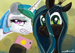 Size: 3585x2544 | Tagged: safe, artist:auroriia, princess celestia, queen chrysalis, g4, aweeg*, braces, cellphone, gritted teeth, looking at you, puffy cheeks, selfie