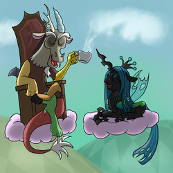 Size: 1600x1600 | Tagged: safe, artist:sharpy, discord, queen chrysalis, changeling, changeling queen, draconequus, g4, cloud, cotton candy cloud, female, laughing, tea, teacup, throne