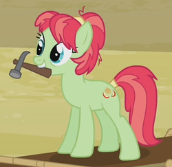 Size: 307x298 | Tagged: safe, screencap, apple dumpling, earth pony, pony, apple family reunion, g4, apple family member, background pony, cropped, female, hammer, mare, mouth hold, solo