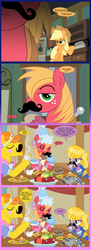Size: 1050x2900 | Tagged: safe, artist:edowaado, applejack, big macintosh, carrot cake, smarty pants, spike, earth pony, pony, g4, look before you sleep, apple, clothes, comic, crossdressing, dress, froufrou glittery lacy outfit, gravy, gravy boat, guys night out, hennin, hilarious in hindsight, male, manly, moustache, muffin, stallion, table, tea, tea party, teacup