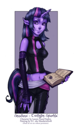 Size: 700x1157 | Tagged: safe, artist:mandarinswift, twilight sparkle, anthro, g4, belly button, book, female, human facial structure, midriff, solo