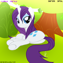 Size: 900x900 | Tagged: safe, artist:isle-of-forgotten-dreams, rarity, pony, unicorn, g4, butt, female, grass, looking at you, plot, solo, tree