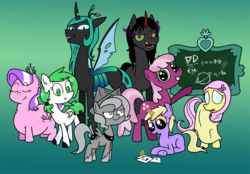 Size: 879x612 | Tagged: safe, artist:syggie, cheerilee, diamond tiara, dinky hooves, fluttershy, king sombra, princess luna, queen chrysalis, oc, ask chubby diamond, ask islamashy, ask king sombra, moonstuck, g4, ask, cheeribetes, cheerilee-s-chalkboard, chubby diamond, cute, cutealis, diamondbetes, dinkabetes, dinky draws, fat, filly, foal, hijab, islam, islamashy, sombradorable, spoilers for another series, tumblr, woona