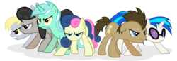 Size: 8000x2788 | Tagged: safe, artist:mrflabbergasted, bon bon, derpy hooves, dj pon-3, doctor whooves, lyra heartstrings, octavia melody, sweetie drops, time turner, vinyl scratch, earth pony, pegasus, pony, unicorn, g4, background six, female, male, mare, simple background, stallion, transparent background