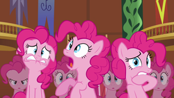 Size: 1280x720 | Tagged: safe, screencap, pinkie pie, g4, too many pinkie pies, clone, fear, pinkie clone, reaction image
