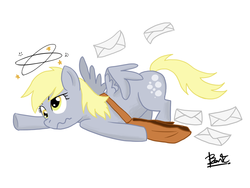 Size: 1024x768 | Tagged: safe, artist:benkomilk, derpy hooves, pegasus, pony, g4, circling stars, dizzy, female, letter, mail, mailbag, mare, solo